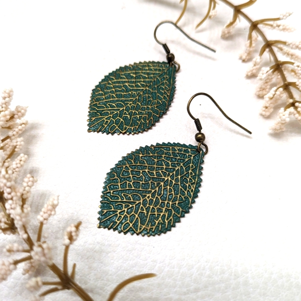 Green Gold Leaf Earrings - One of a Kind
